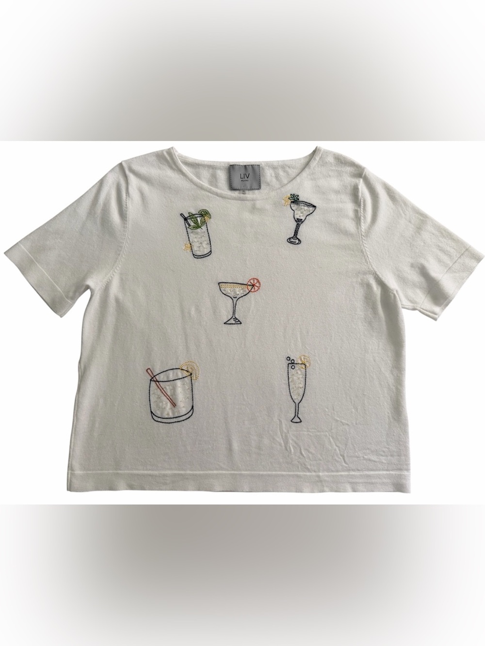 LIV White Cocktail Embroidered Short-Sleeve Sweater